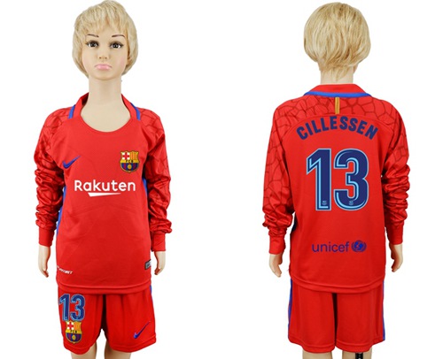 Barcelona #13 Cillessen Red Goalkeeper Long Sleeves Kid Soccer Club Jersey - Click Image to Close
